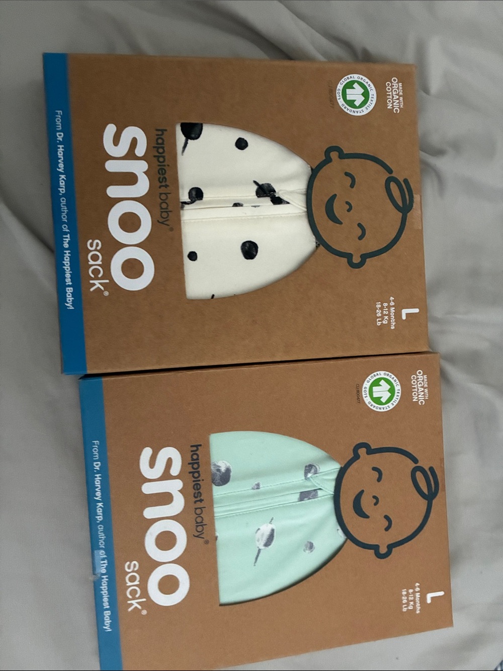 Two large Snoo sleep sacks